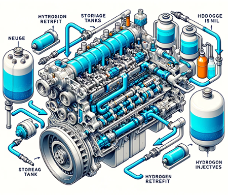 Diagram of a diesel engine retrofitted for hydrogen