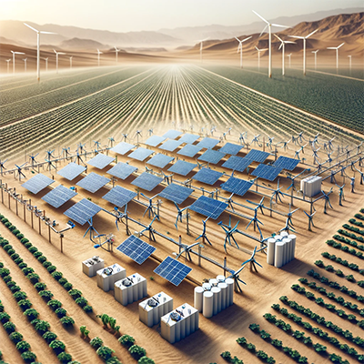 An artist's rendition of a sustainable farm with a hydrogen retrofit and solar panels.