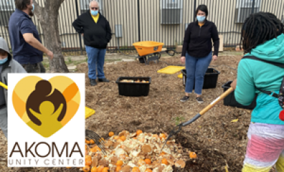 Three adults and two youth gathered outdoors in a mulched space. The children are raking what appears to be compost mixed with oranges and orange peels. The Akoma Unity Center logo is over the bottom left corner of the image.