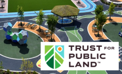 Image of a school yard with planted trees, shade spaces, and grass along with colorful turf. No sign of asphalt. In the bottom right corner is the Trust for Public Land Logo.