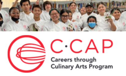 A photo of C-CAP participants in white C-CAP jackets posing for the camera with produce and produce bags, with the C-CAP logo below.