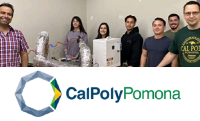 Team members on a Cal Poly Pomona Energy Storage Solution Project, pictured above the Cal Poly Pomona Logo on a white backdrop.