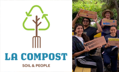 LA Compost Logo on the left, an image of South LA community members engaging in a beautification day of the Carver Middle School Garden & Compost Hub on the right