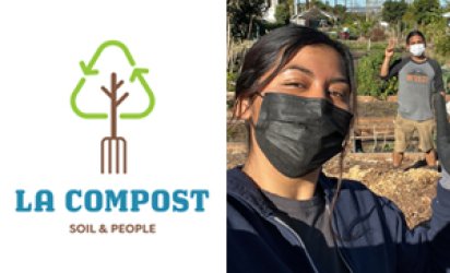 LA Compost logo on the left; a masked female participant on the right. 3.	Celebrating our first compost pile at Good Earth Community Garden (CD 10)!