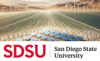 An artist's rendition of a farm showcasing a hydrogen retrofit and solar panels. SDSU logo over the bottom third.